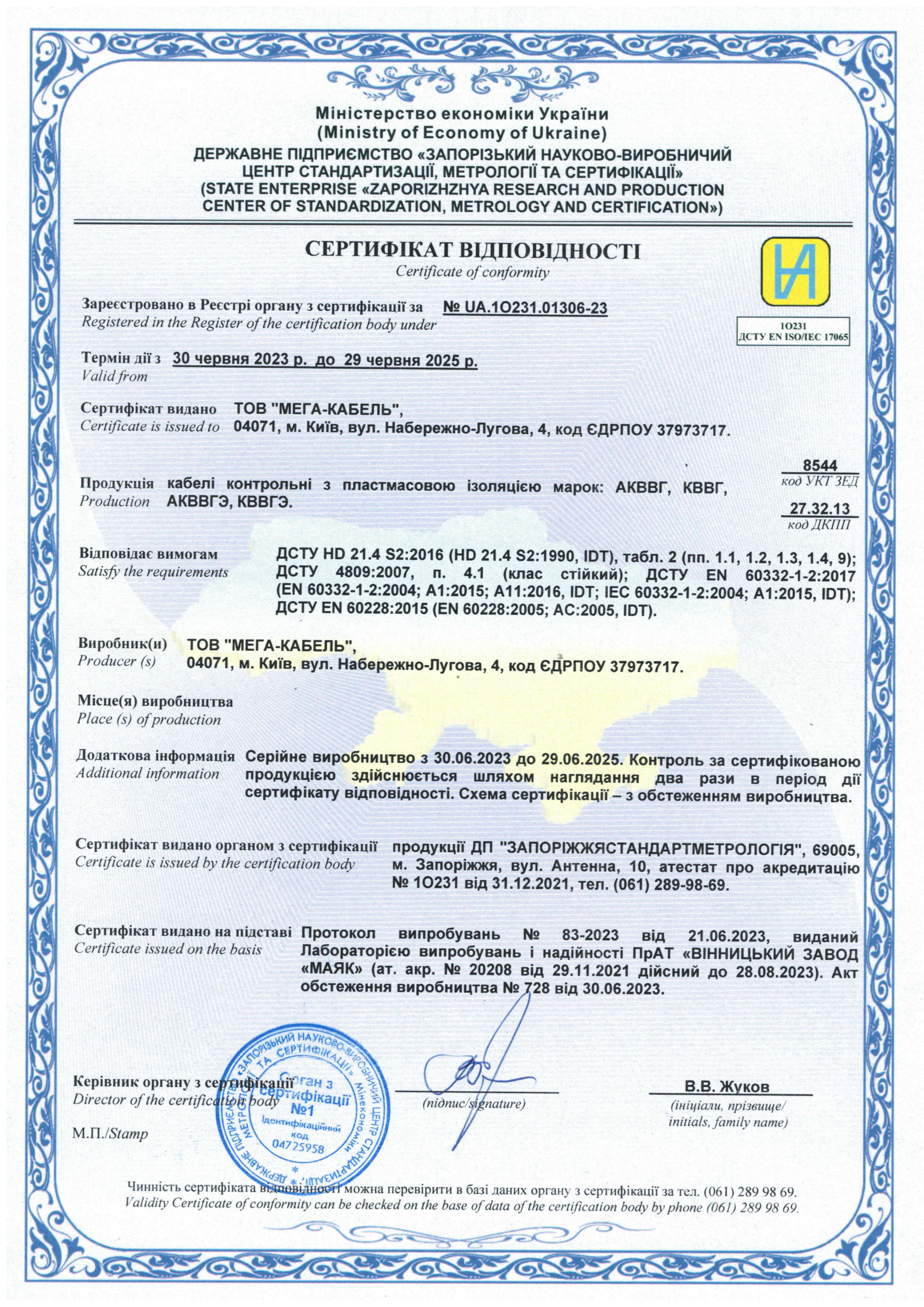 Сертификат на кабель АКВВГ и КВВГ 