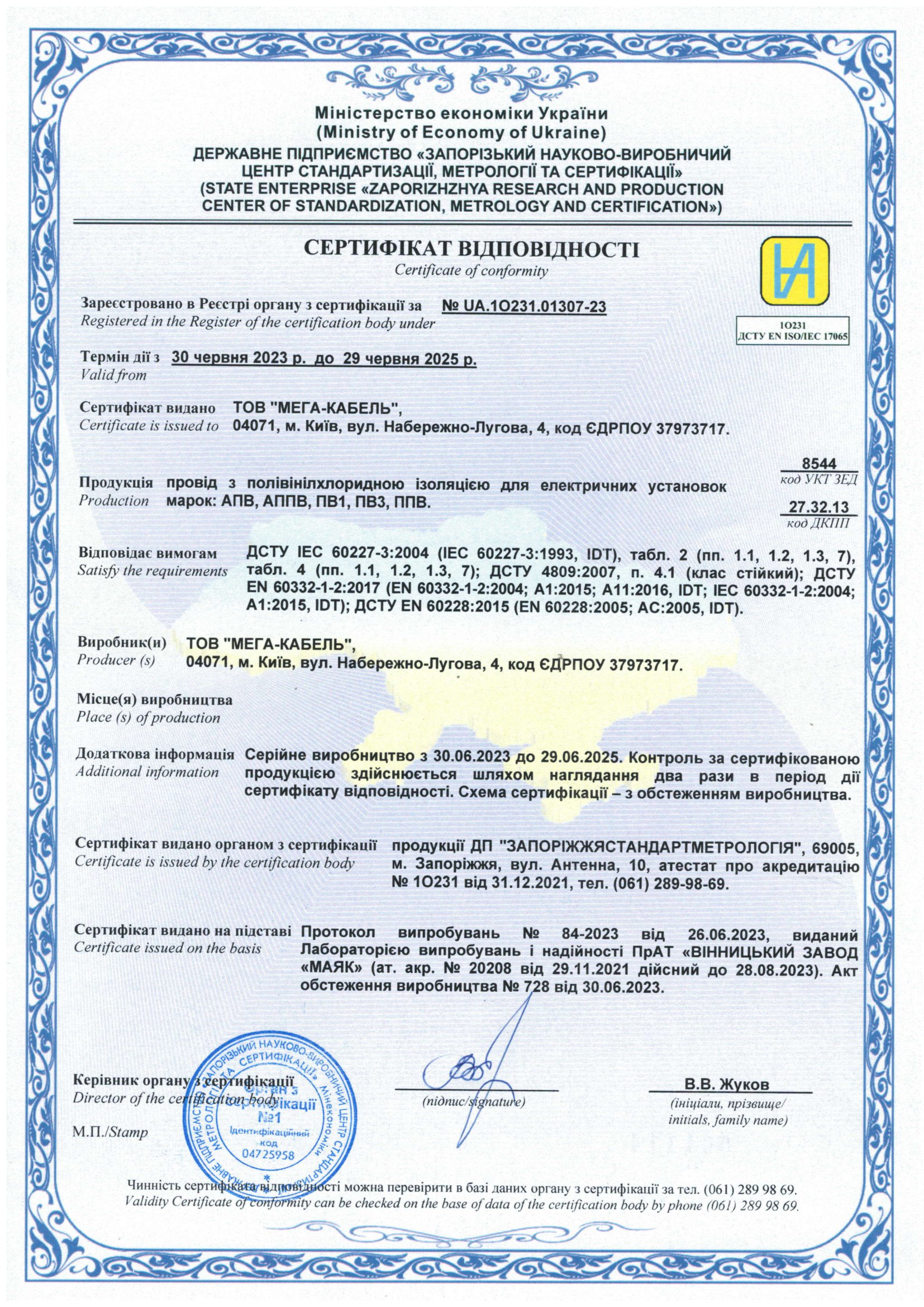 Сертификат на кабель ПВ1, ПВ3, ППВ, АПВ, АППВ