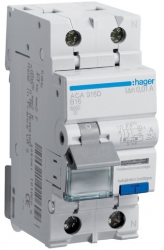 Диференційний автоматичний вимикач 1P+N 10kA C-16A 10mA A, Hager, ACA566D