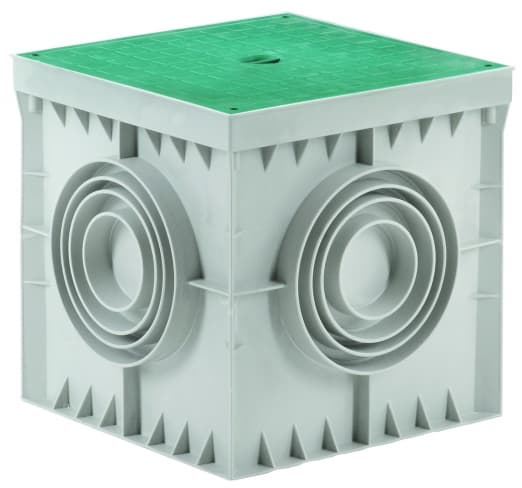 Колодязь кабельний 300х300х300, 4 виходи під трубу, з зеленою кришкою, LGY.30300