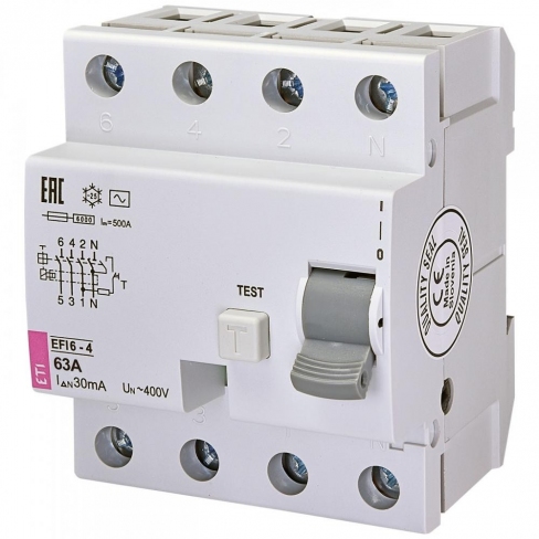 Реле дифференциальное (УЗО) EFI6-4 63/0,03 тип AC (6kA), 2062139, ETI