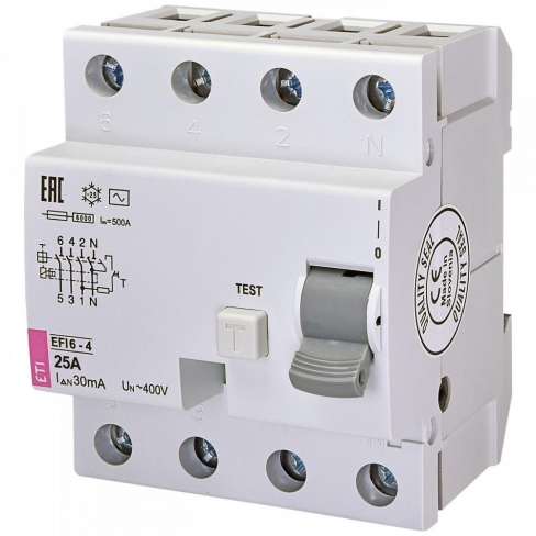 Реле диференціальне (ПЗВ) EFI6-4 25/0,03 тип AC (6kA), 2062137, ETI