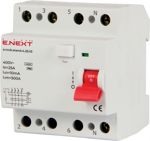 Выключатель дифференциального тока e.rccb.stand.4.25.10 4р, 25А, 10mA, E.NEXT